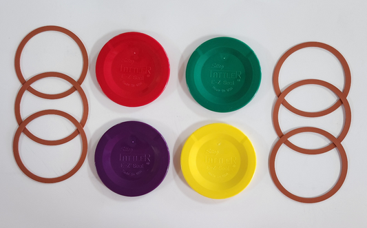 item 53] 500 bulk regular E-Z SEAL lids & 500 rubber rings *** 4 DIFFERENT COLORS TO CHOOSE FROM!!!***